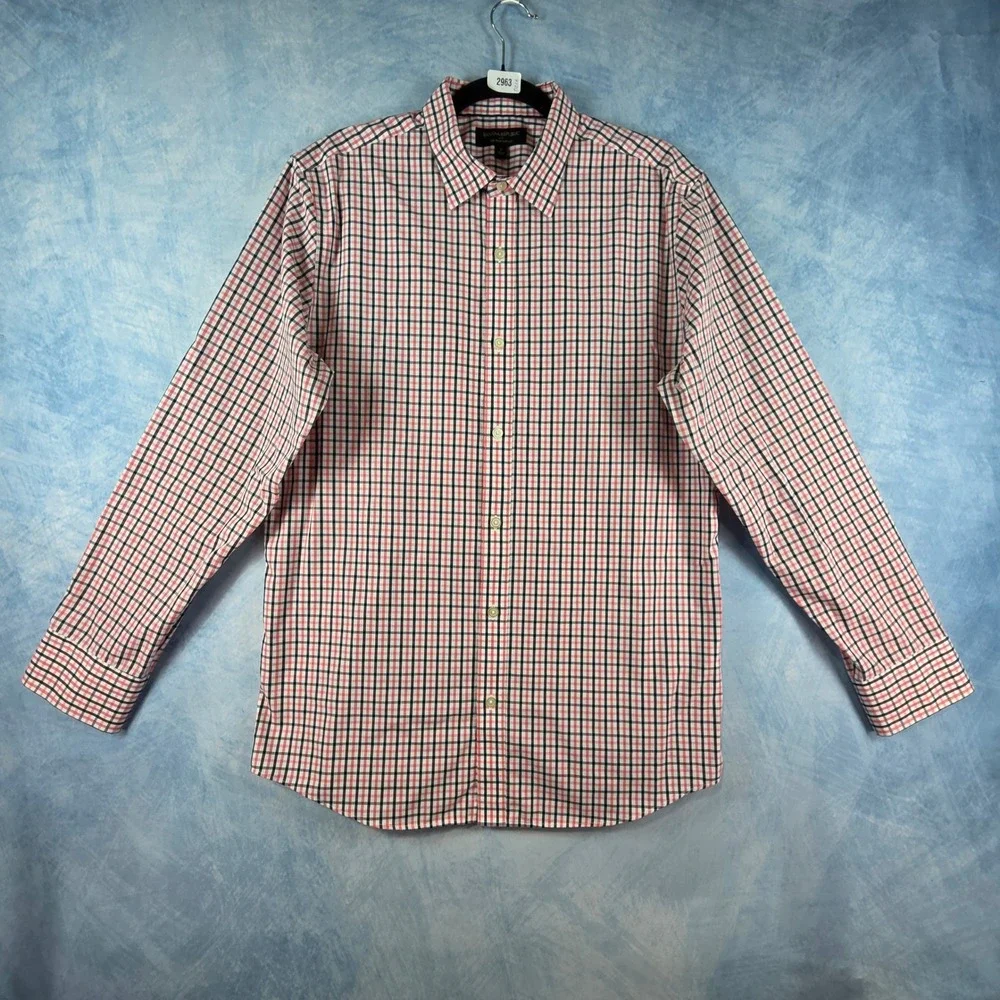 Banana Republic Mens Non-Iron Slim Fit Shirt‎ L Red Navy Tattersall Check Plaid